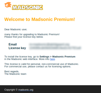 Madsonic Premium license email